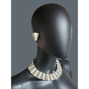 Vintage 70's Tri-Color Tribal Bead Collar Necklace + Clip on Earring